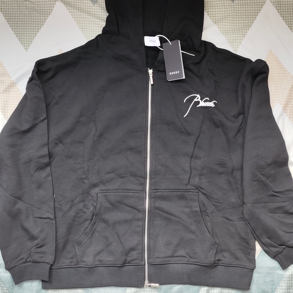 Rhude Black Full-Zip Hoodie with White Script Logo